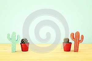 mage of cactus in a pot infront of wooden blue background.