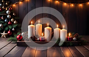 mage portrays Christmas decorations, tastefully arranged on a wooden table, complemented by the comforting glow of lit candles.