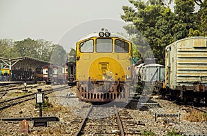 Mage retro vintage style of Old Diesel Electric locomotive train.