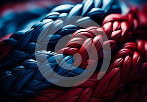An mage of a rope knot. A close up of a red, white and blue rope