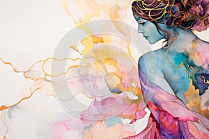 Magenta, blue, gold and white marble textured background forming the silhouette of a woman. Abstract watercolor paint background i