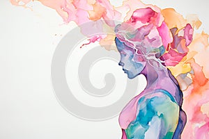 Magenta, blue, gold and white marble textured background forming the silhouette of a woman. Abstract watercolor paint background i