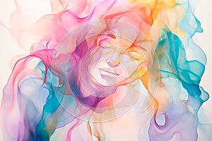 Magenta, blue, gold and white marble textured background forming the silhouette of a woman. Abstract watercolor paint background i