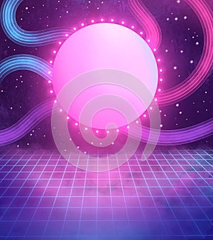 Magenta blue saturated art background. cyberspace, future and round frame