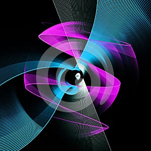 The magenta, blue and white transparent planes bend and rotate beautifully against a black background. Abstract fractal background