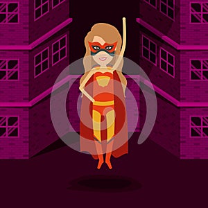 Magenta color background buildings brick facade with front view superwoman in outfit with hand up and long wavy hair