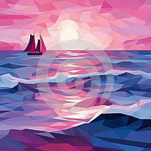 Magenta Cubism Seascape Abstract With Pink Sailboat At Sunset