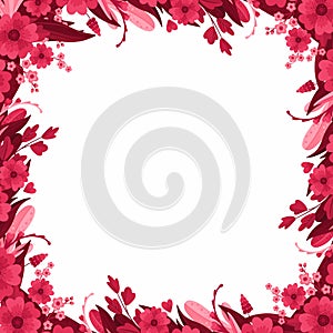 Magenta Floral Arrangements, Blank Template. Square Empty Frame with Blooming Flowers