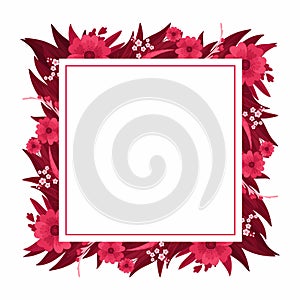 Magenta Floral Arrangements, Blank Template. Square Empty Frame with Blooming Flowers, Red and Pink Leaves and Hearts