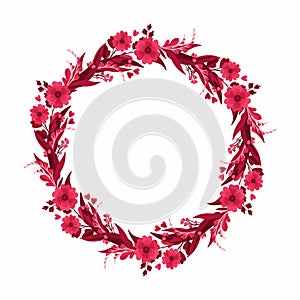 Magenta Floral Arrangements, Blank Wreath. Round Empty Frame with Blooming Flowers, Red and Pink
