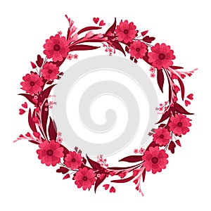 Magenta Floral Arrangements, Blank Wreath. Round Empty Frame with Blooming Flowers, Red and Pink Leaves and Hearts