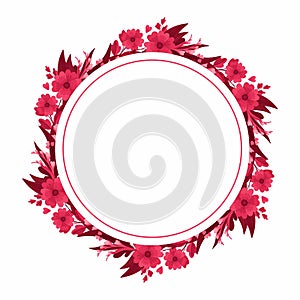 Magenta Floral Arrangements, Blank Wreath. Round Empty Frame with Blooming Flowers, Red and Pink Leaves and Hearts.