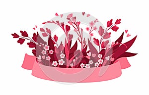 Magenta Floral Arrangements with Pink Ribbon, Blank Template. Empty element with Blooming Flowers, Red and Pink Leaves and Hearts