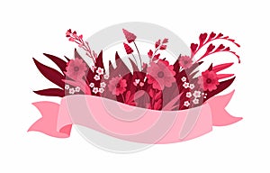 Magenta Floral Arrangements with Pink Ribbon, Blank Template. Empty element with Blooming Flowers, Red and Pink Leaves and Hearts.