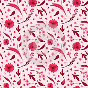 Magenta Floral Seamless Pattern. Blooming Flowers, Red and Pink Leaves and Hearts.