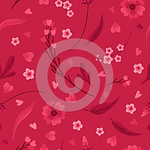 Magenta Floral Seamless Pattern. Blooming Flowers, Red and Pink Leaves and Hearts