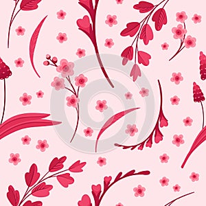 Magenta Floral Seamless Pattern. Blooming Flowers, Red and Pink Leaves and Hearts
