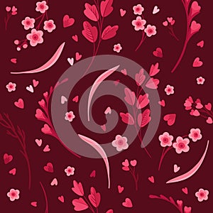 Magenta Floral Seamless Pattern. Blooming Flowers, Red and Pink Leaves and Hearts. Vector Digital Wallpaper.