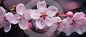 Magenta flowers on a twig with water droplets, a beautiful sight