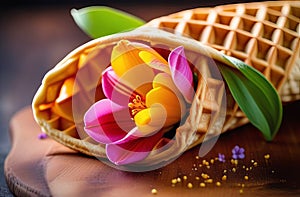 Magenta flowers in a waffle cone on a wooden table