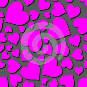 Magenta on grey random love heart pattern seamless repeat background