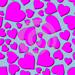 Magenta on light blue random love heart pattern seamless repeat background