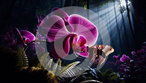 A magenta orchid glowing under moonlight with a moth resting on its petal. photo