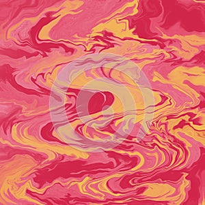 Magenta pink, orange and yellow Marble Painting Illustration. Wavy fluid water effect background. Vibrant energetic palette.