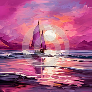 Magenta Pre-raphaelite Seascape Abstract - Vibrant Sailing Boat Illustration