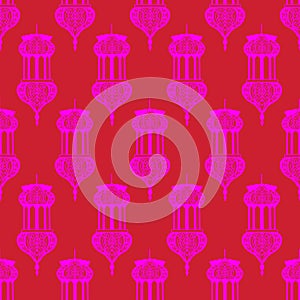 Magenta on Red Arabic Lantern Geometrical Pattern Seamless Repeat Background