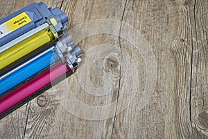 Magenta, yellow and cyan toner cartridges for a color laser printer