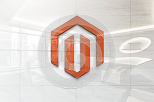 Magento on glossy office wall realistic texture