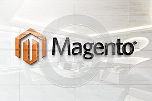 Magento on glossy office wall realistic texture