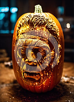 Magestic frankenstein carved into a pumpkin, photo