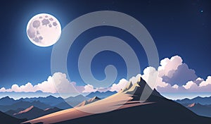 Magestic Full Moon in Alien Planet Mountains Fantasy Magical Illustration for children book. Generative AI
