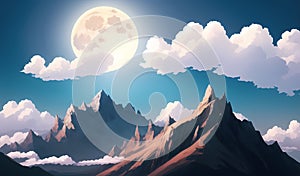 Magestic Full Moon in Alien Planet Mountains Fantasy Magical Illustration for childrens books. Generative AI