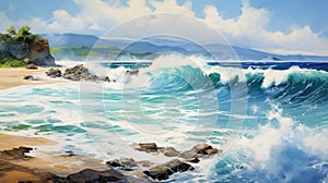 Magewave: A Realistic Painting Of Adriatic Sea Waves Crashing Onto Waimea Bay Shore