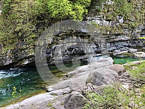 The Maggia river in the Maggia Valley or Valle Maggia or Maggiatal Fluss Maggia im Maggiatal