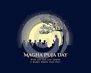 Magha puja day banner with The Buddha giving a discourse on the full moon day vector design