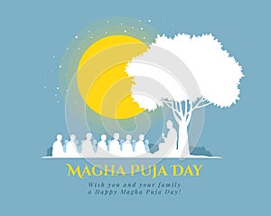 Magha puja day banner with Nightly scenery The Buddha giving a discourse on the full moon day vector design