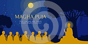 Magha puja day banner with Nightly scenery The Buddha giving a discourse on the full moon night vector design photo