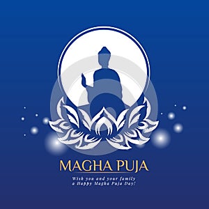 Magha puja day banner with white The Buddha in circle on lotus sign and circle light on blue background vector design