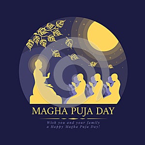 Magha puja day - circle banner with The Lord Buddha giving and Preach monks in full moon  night vector design