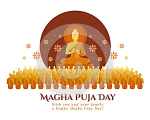 Magha puja day - The Lord Buddha giving and Preach 1250 monks in full moon night with lotus flower around vector design