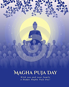 Magha puja day - The Lord Buddha giving and Preach 1250 monks in full moon night with purple blue tone vector design