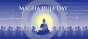 Magha puja day - The Lord Buddha giving and Preach 1250 monks in full moon night with purple blue tone vector design