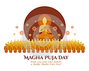 Magha puja day - The Lord Buddha giving and Preach 1250 monks in full moon night with lotus flower around vector design photo