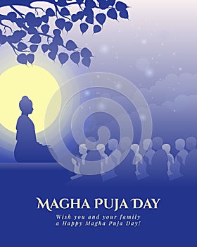 Magha puja day - The Lord Buddha giving and Preach 1250 monks in full moon night with purple blue tone vector design photo