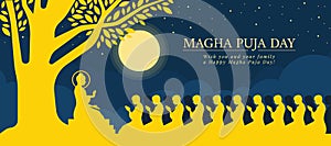 Magha puja day - The Lord Buddha sit under tree and giving 1,250monks in full moon night vector design