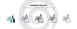 Maghrib prayer icon in different style vector illustration. two colored and black maghrib prayer vector icons designed in filled,